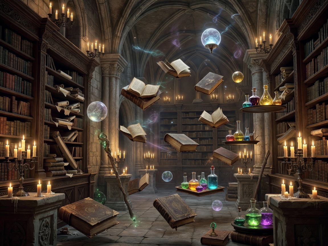 Ancient spell library filled with floating books, candles, and magical artifacts