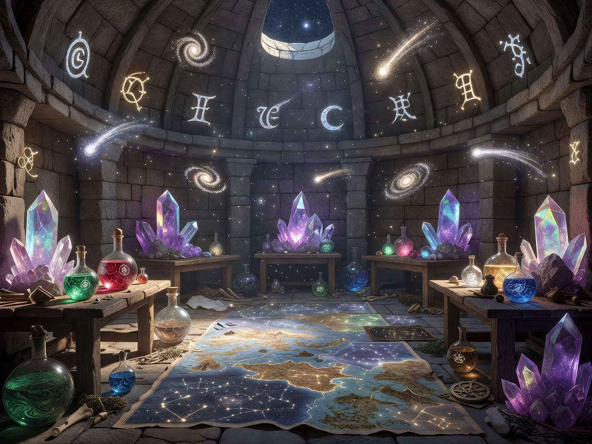 Mystical witch's observatory with crystals, potions, enchanted maps, and glowing celestial symbols