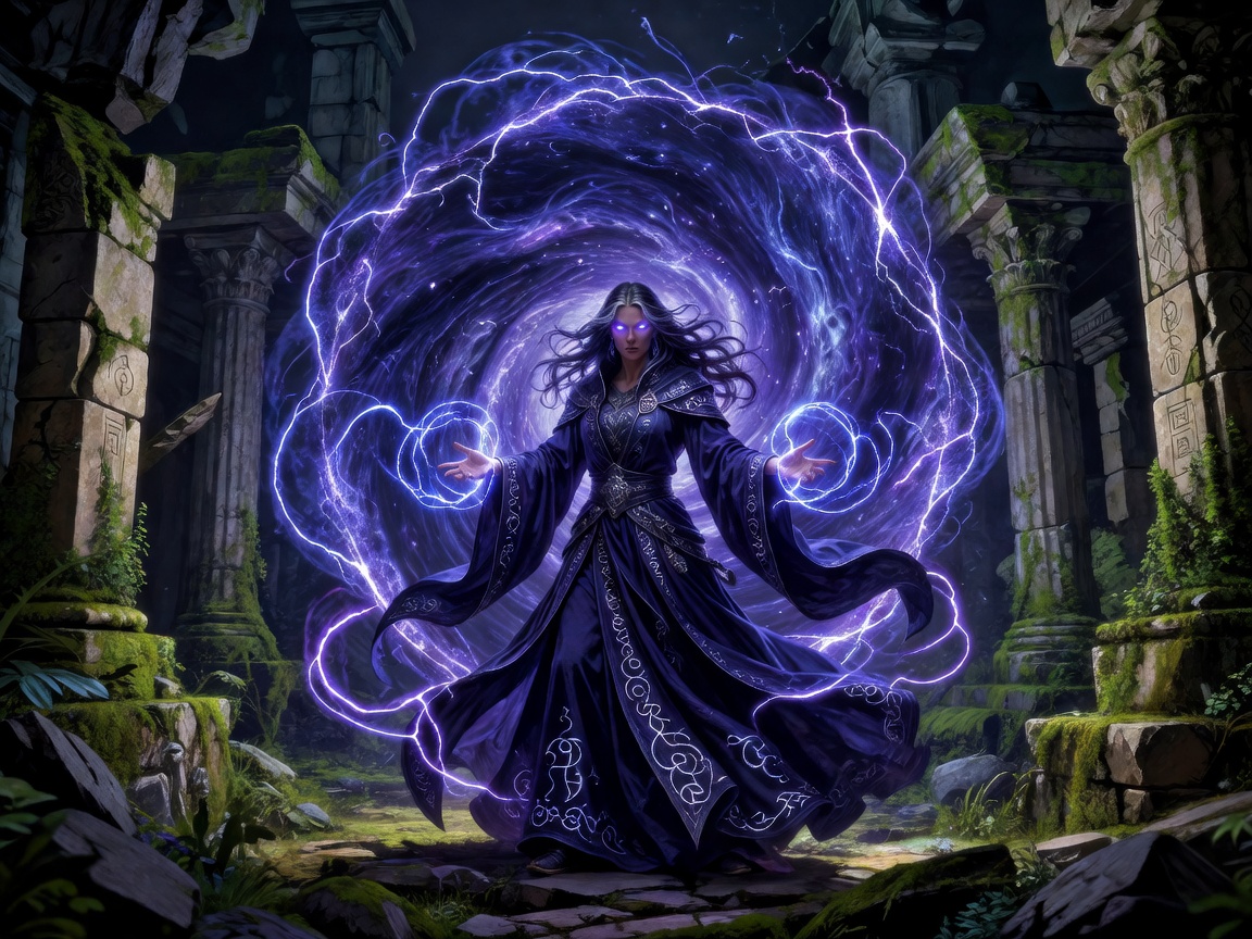 Powerful witch standing before a magical portal surrounded by arcane energy and ancient stone ruins